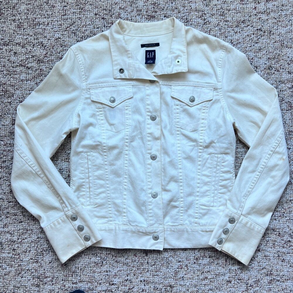 Vintage Y2K Gap Stretch White Denim Trucker Jacket Women's Size S 2003 Button Fr